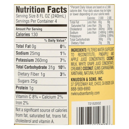 Rw Knudsen Pineapple Coconut Juice - Case of 6 - 32 FZ
