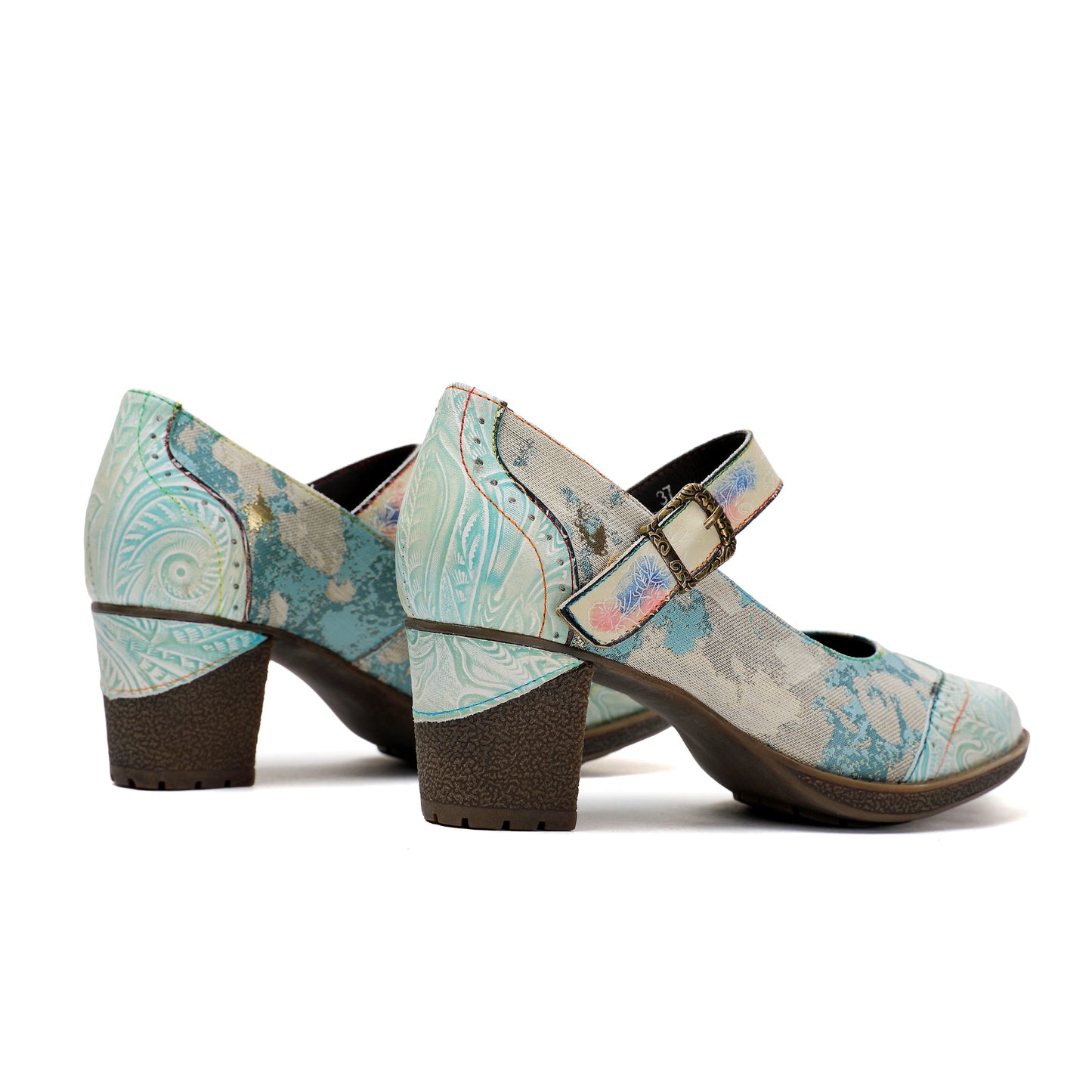 Lady's Heels Handmade Shoes Wedding Party Elegant Vintage Leather Buckle Light Blue Pumps