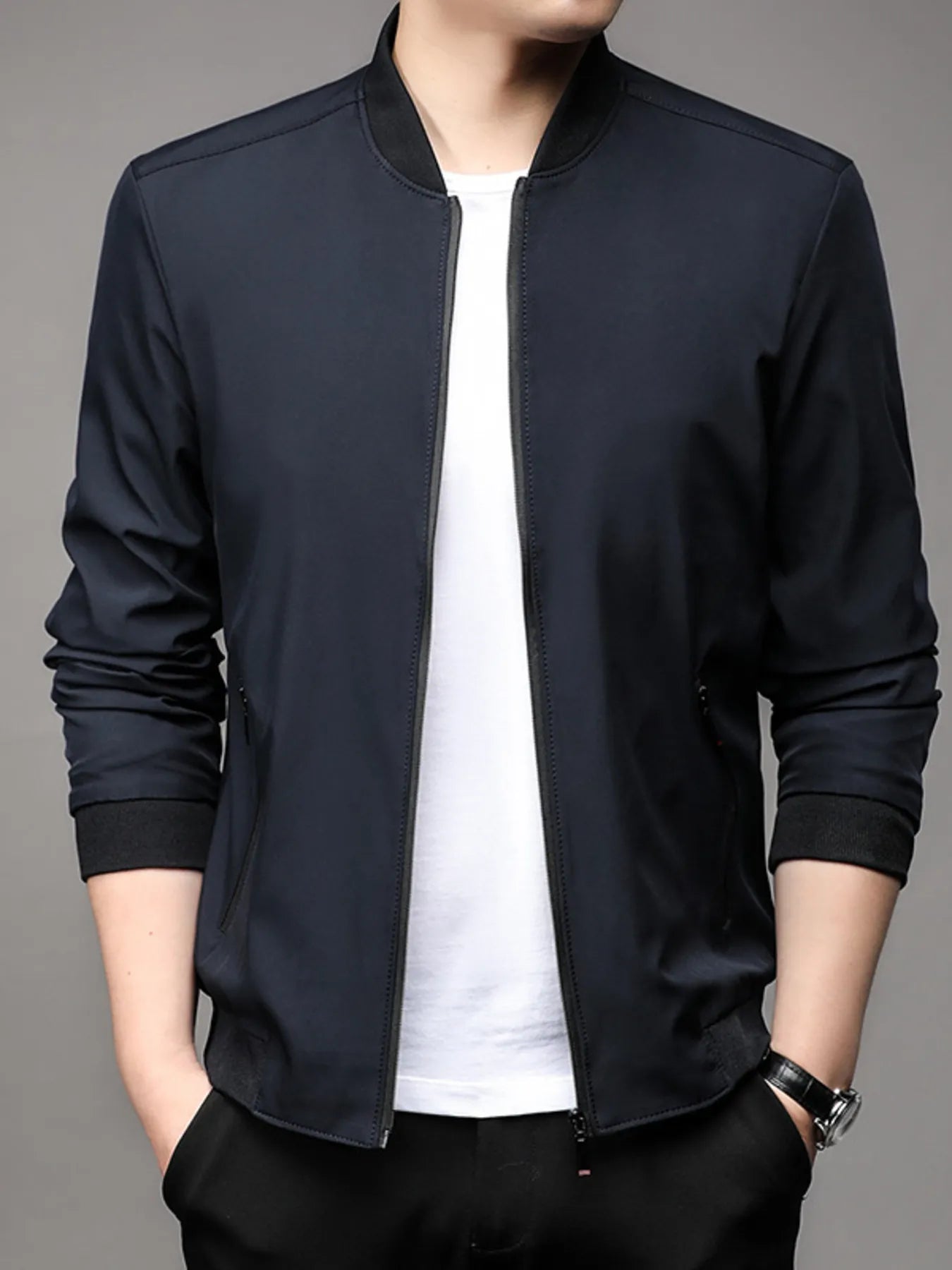 Men's Plus Size Full Zip Front Closure Bomber Jacket with Pockets