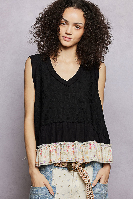 POL Floral Print V-Neck Textured Tank