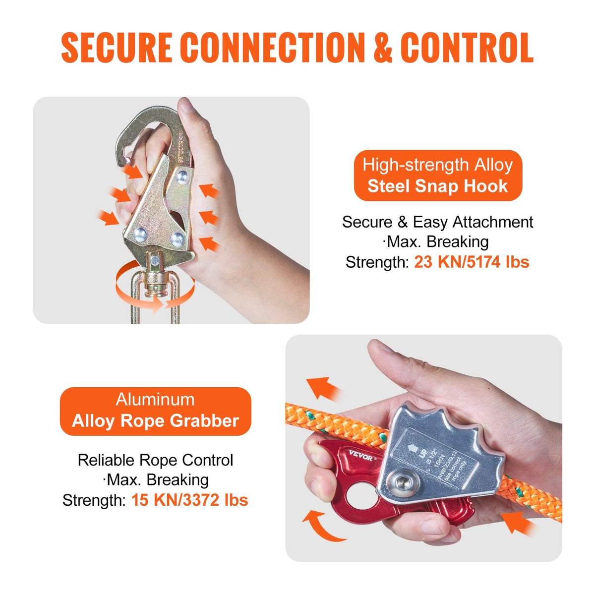 VEVOR Steel Core Flipline, Arborist Flipline, Flip Line For Tree Climbing With Alloy Steel Snap Hook, Aluminum Alloy Carabiner And Extra Tool Lanyard, For Arborist, Tree Climbers