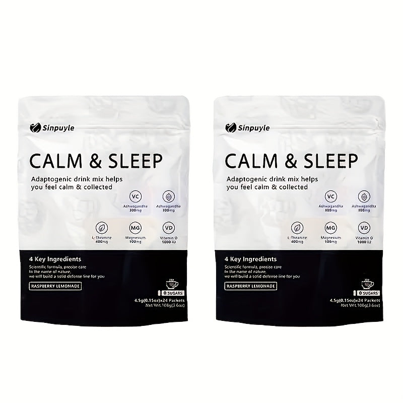 Calm & Sleep Adaptogenic Drink Mix - Raspberry Lemonade, 0 Sugars - L-Theanine, Ashwagandha & Magnesium For Relaxation & Rest, 24 Packets