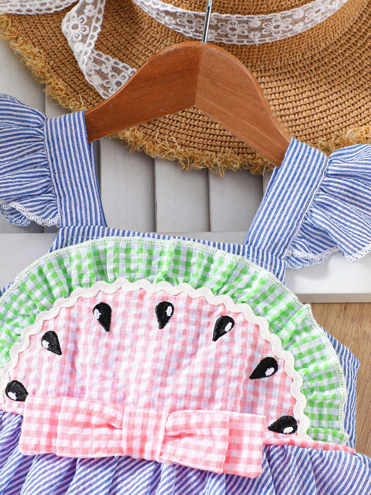 Children's Striped Watermelon Ruffle Sleeve Dress