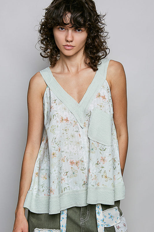 POL Floral V-Neck Tank with Front Pocket