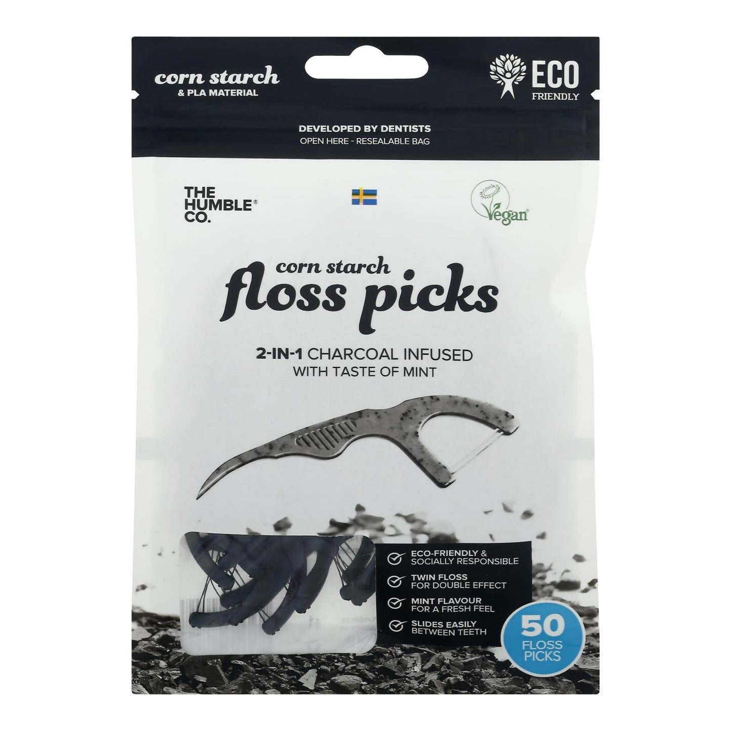 Humble Co Charcoal Mint Floss Picks (Pack of 4 - 50 Each)