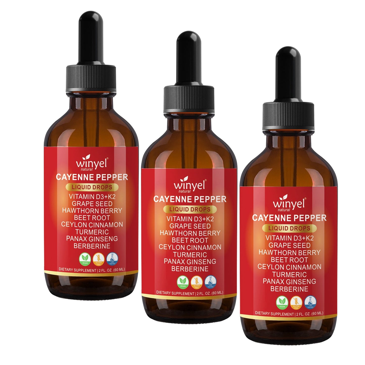 WINYEL Cayenne Pepper Drops Herbal Supplement, Hawthorn Berry, Vitamin D3 K2, Beet Root, Ceylon Cinnamon, Turmeric & Berberine Extract, 60ML