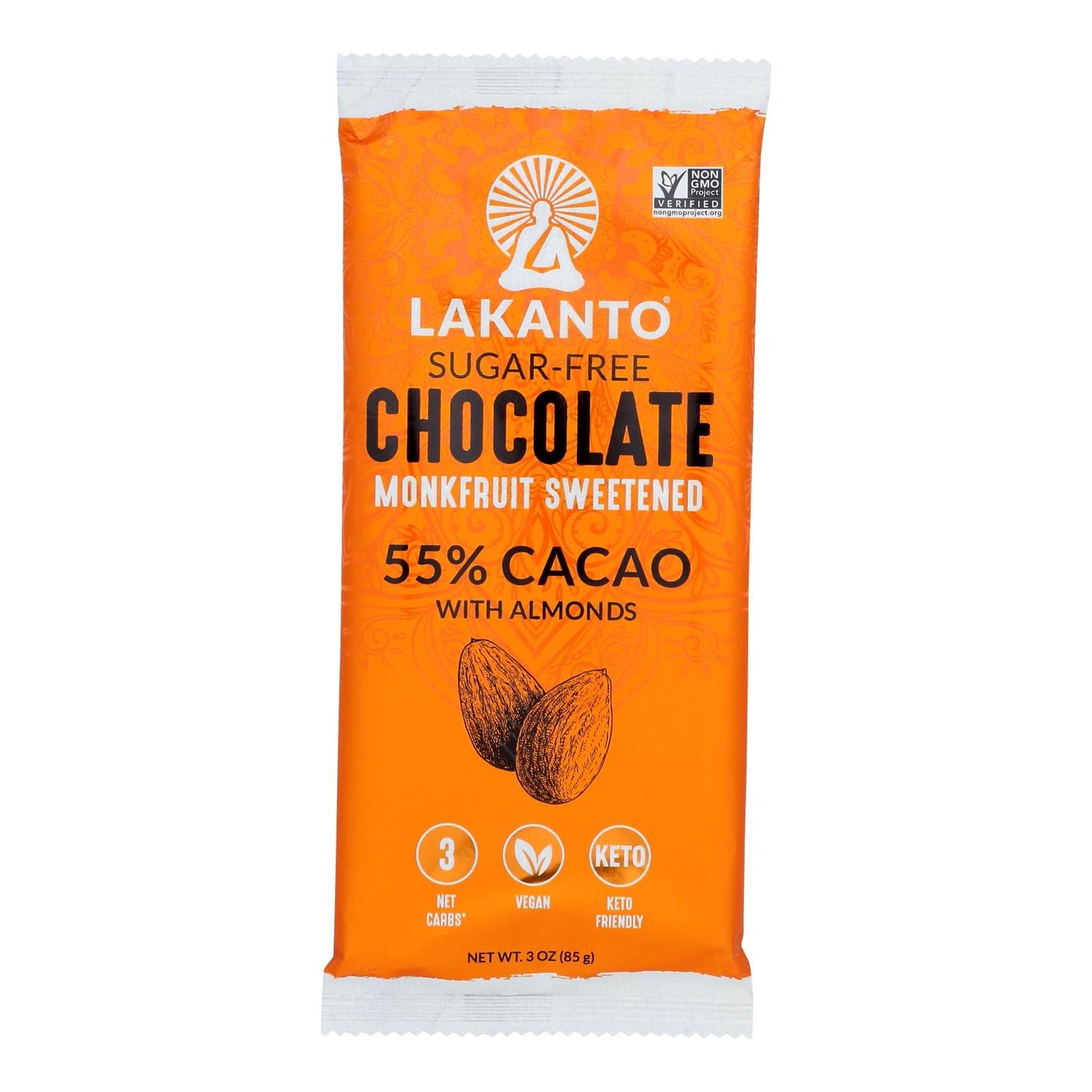 Lakanto Dark Chocolate Almonds Bars - Sugar-Free, Monkfruit Sweetened (3 Oz, Pack of 8)