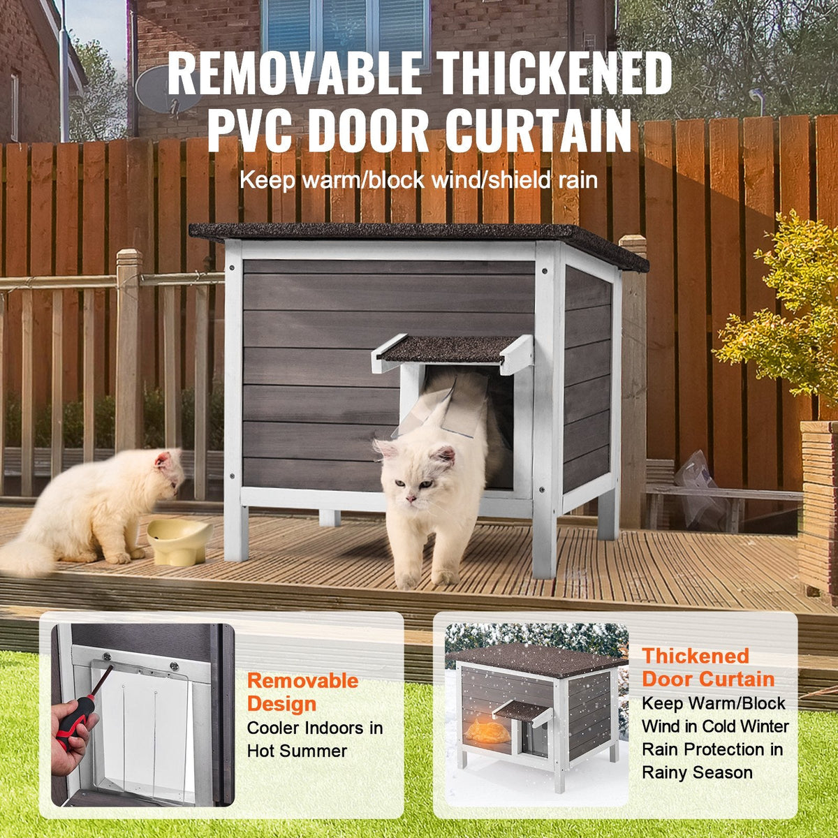 Outdoor Cat House Wooden Feral Cat Shelter With Roof & PVC Door Flaps