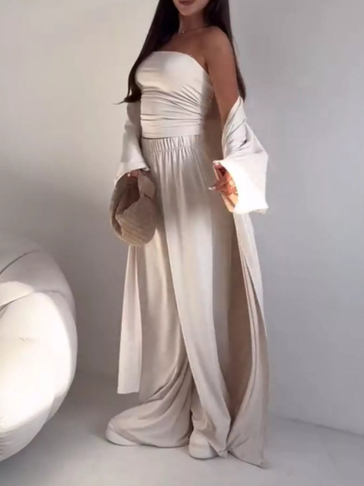 Tube Top & Cardigan & Wide Leg Pants 3-Piece Set
