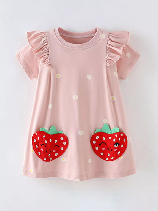 Children's Strawberry Applique Ruffle Sleeve Dress