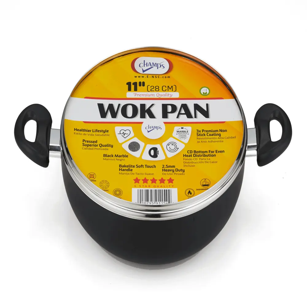 Champs Black Wok NS Speckled Inside w/ Glass Lid 2.5mm 11"