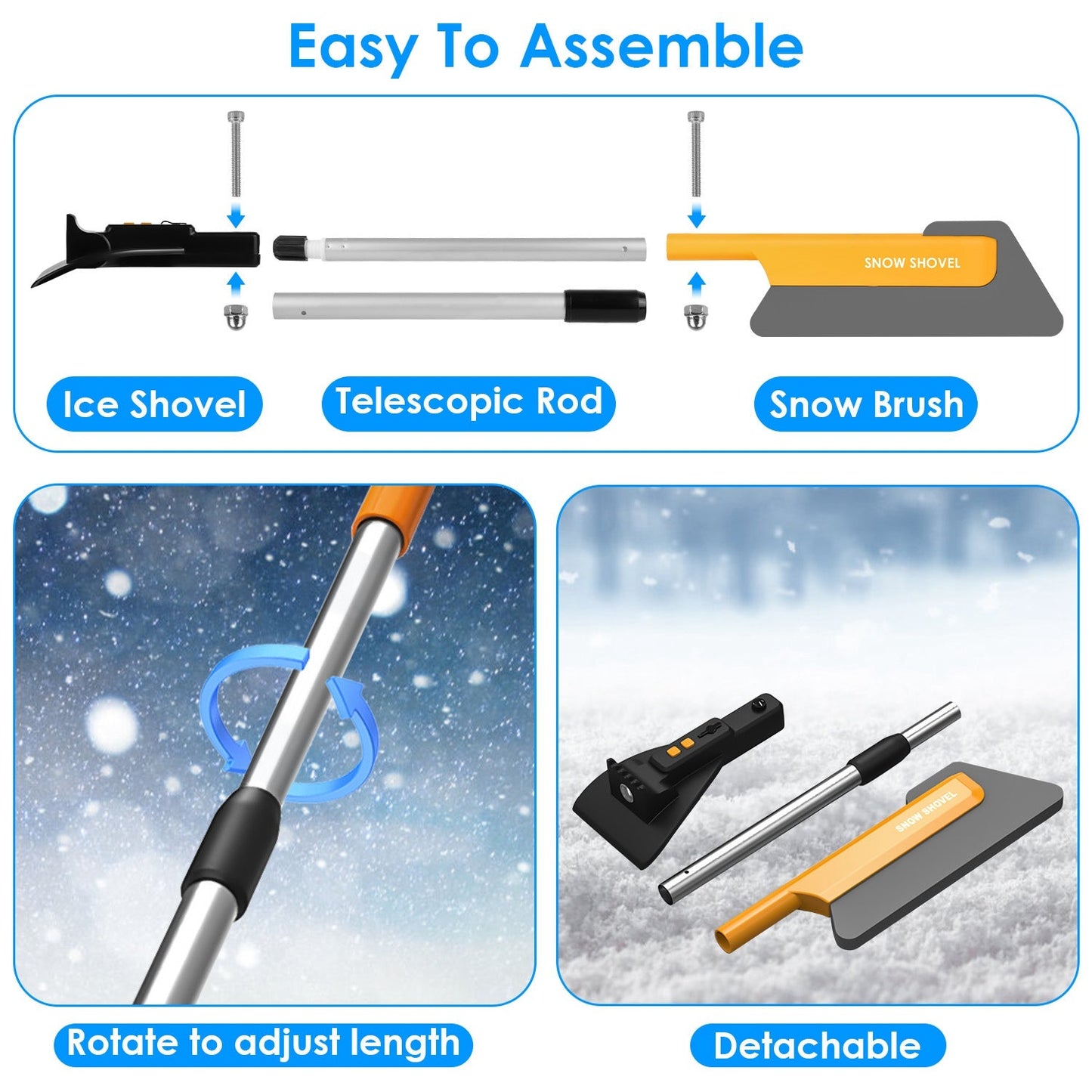 3 in 1 Extendable Snow Brush Ice Scraper and Snow Shovel with LED Lights USB Rechargeable Car Snow Removal Tool