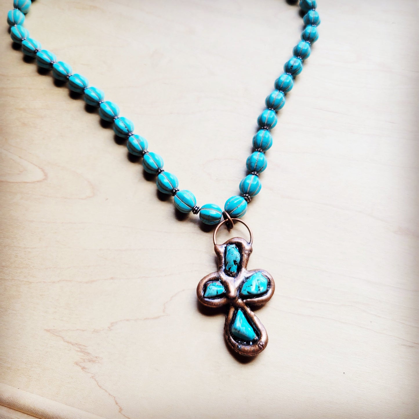 **Blue Turquoise Melon Beaded Necklace w/ Copper Cross 260g