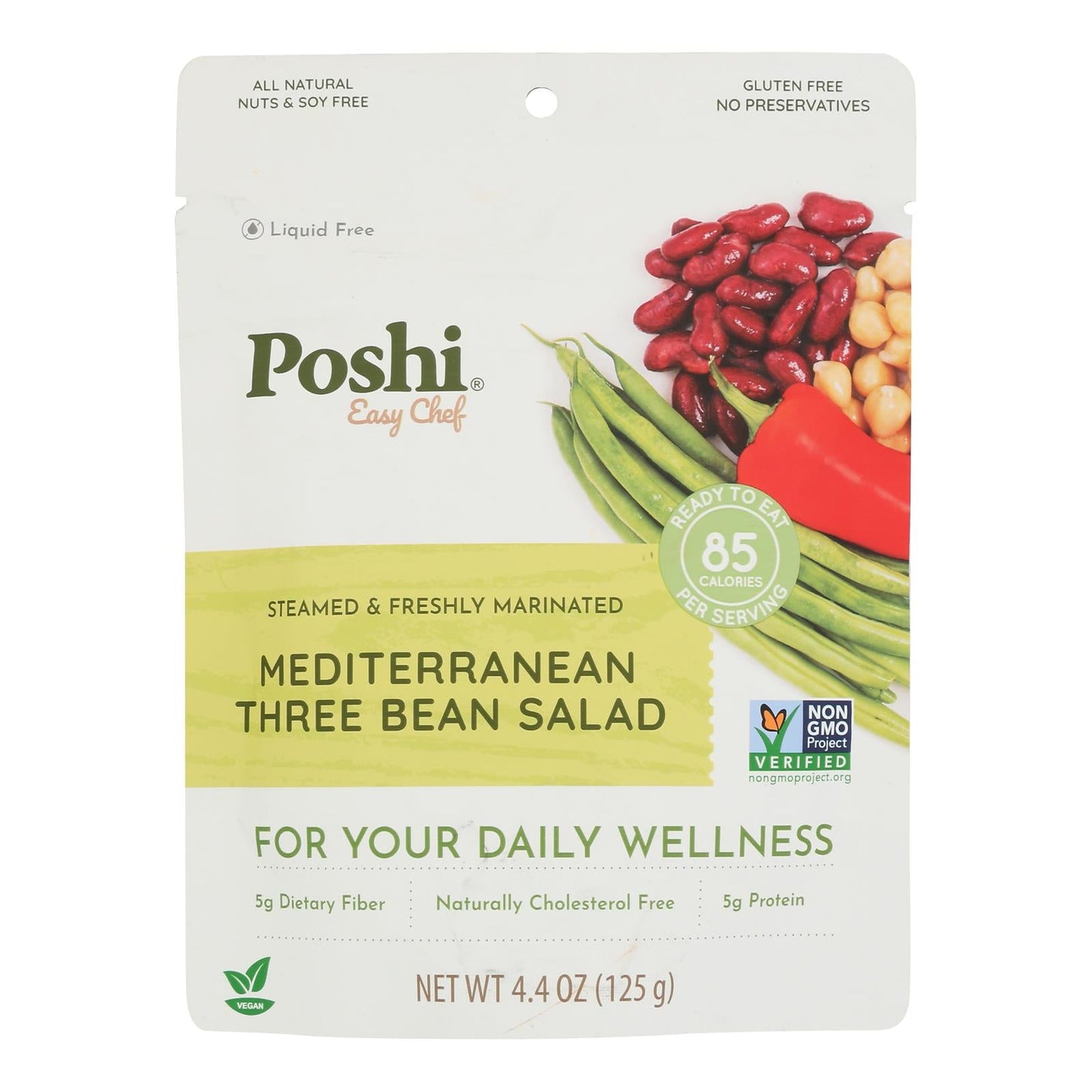 Poshi Three Bean Salad, Marinated, Case of 10, 4.4 oz.
