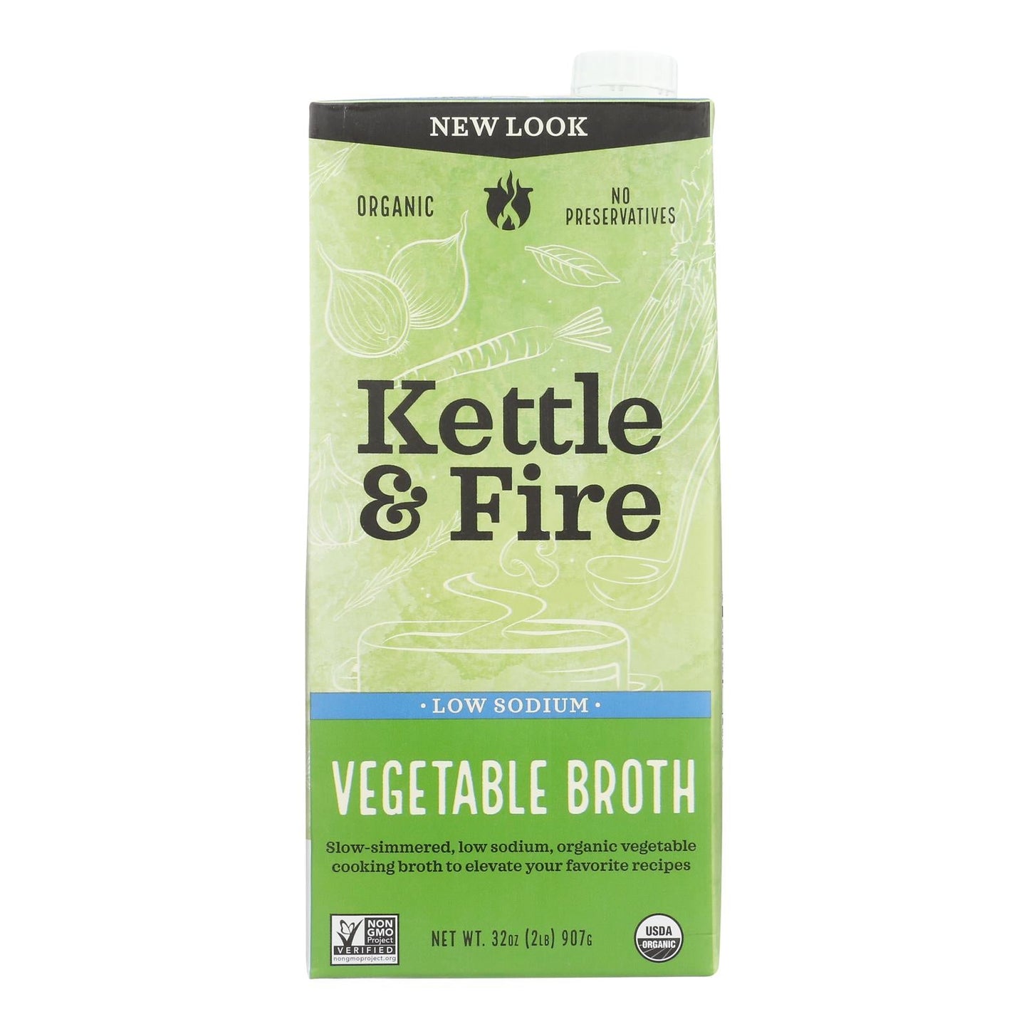 Kettle & Fire Low Sodium Vegetable Broth - 8 x 32 oz Cartons