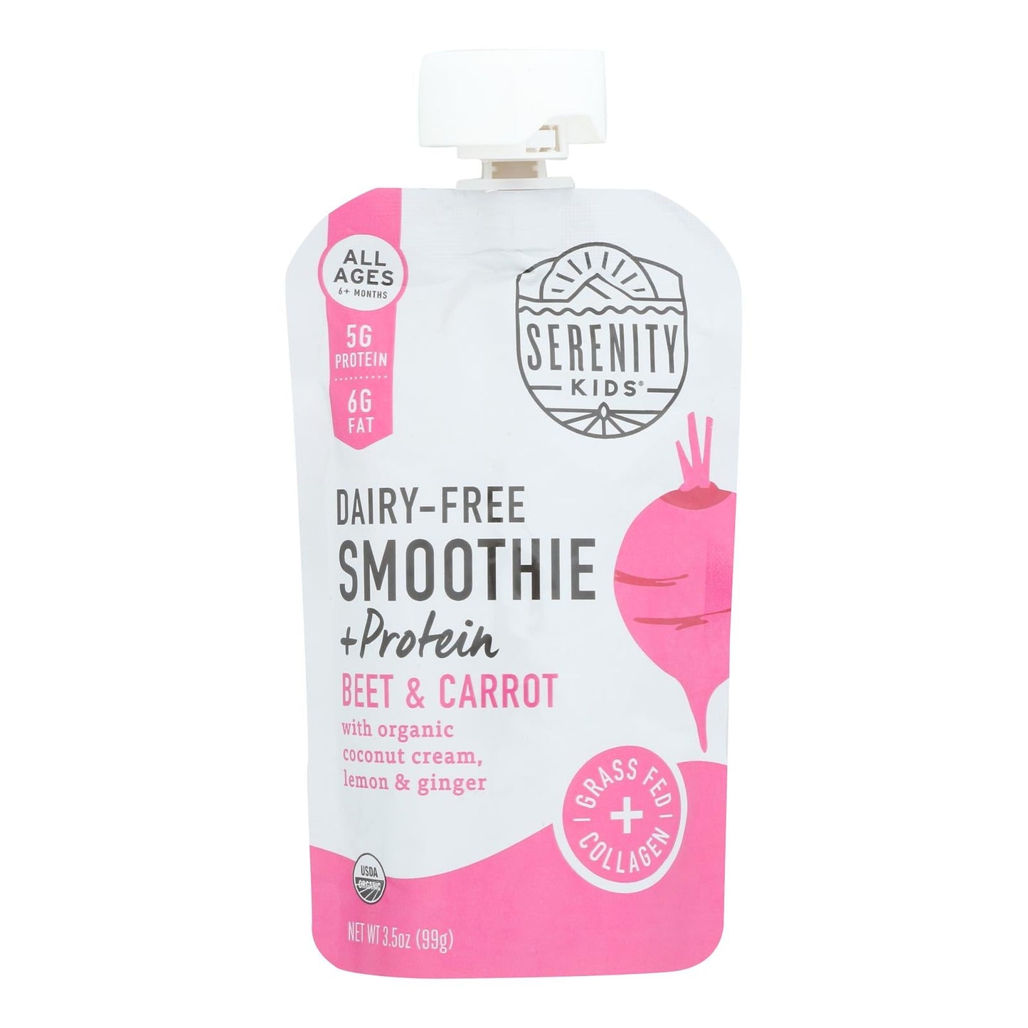 Serenity Kids Organic Beet & Carrot Smoothie Pouch, Grain-Free, Dairy-Free, 3.5 oz, Pack of 6