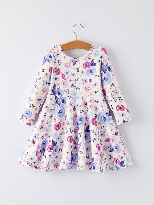 Christmas Purple Floral Baby Girl Dress with Long Sleeves