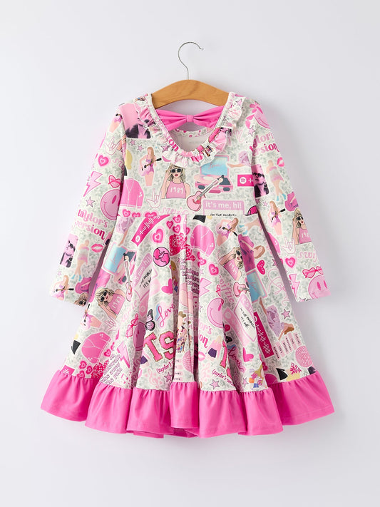 Pink TS Print Ruffle Girls' Long Sleeve Christmas Dress