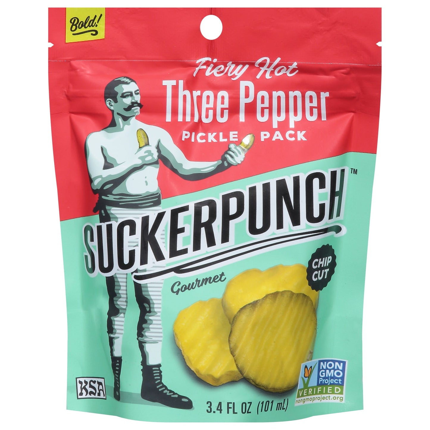 Suckerpunch Pickle Chips: 3 Pepper Fire, 3.4 oz (Pack of 12)