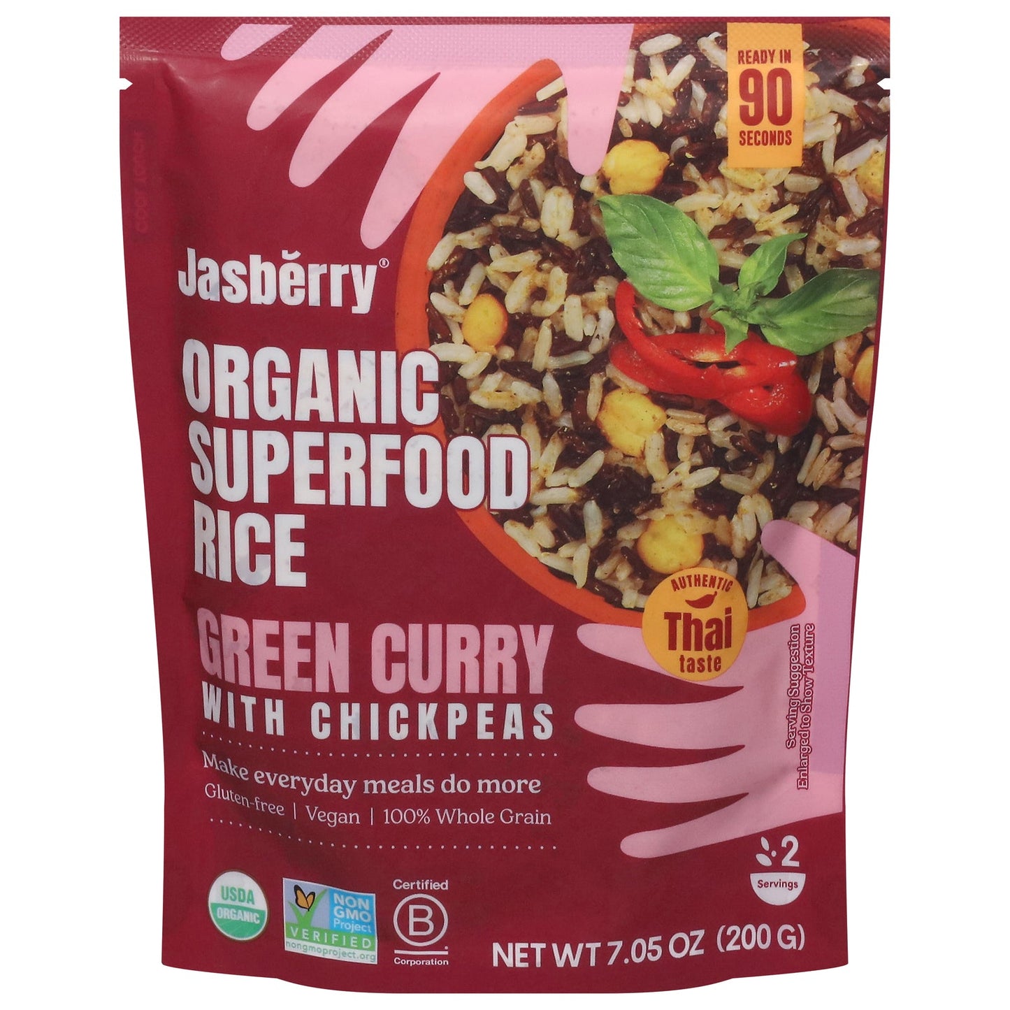 Jasberry Organic Green Curry Sprouted Rice - 6 x 7.05 oz Pouches