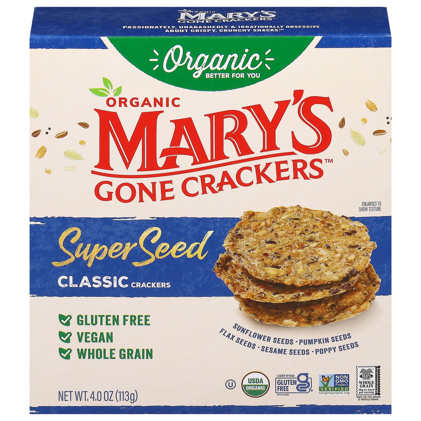 Mary's Gone Crackers Classic Seed Crackers - Case of 6 Boxes (4 oz Each) Organic Gluten-Free