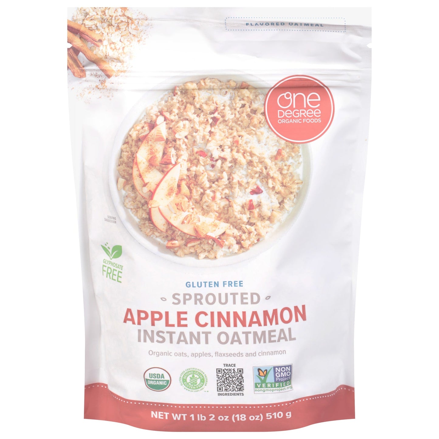 One Degree Organic Foods Sprouted Rolled Oats, Apple Cinnamon, 18 oz, 6-Pack