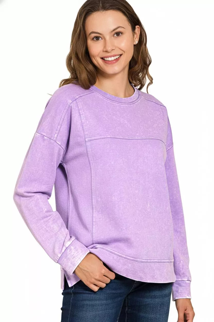 Zenana Acid Wash French Terry Exposed-Seam Pullover