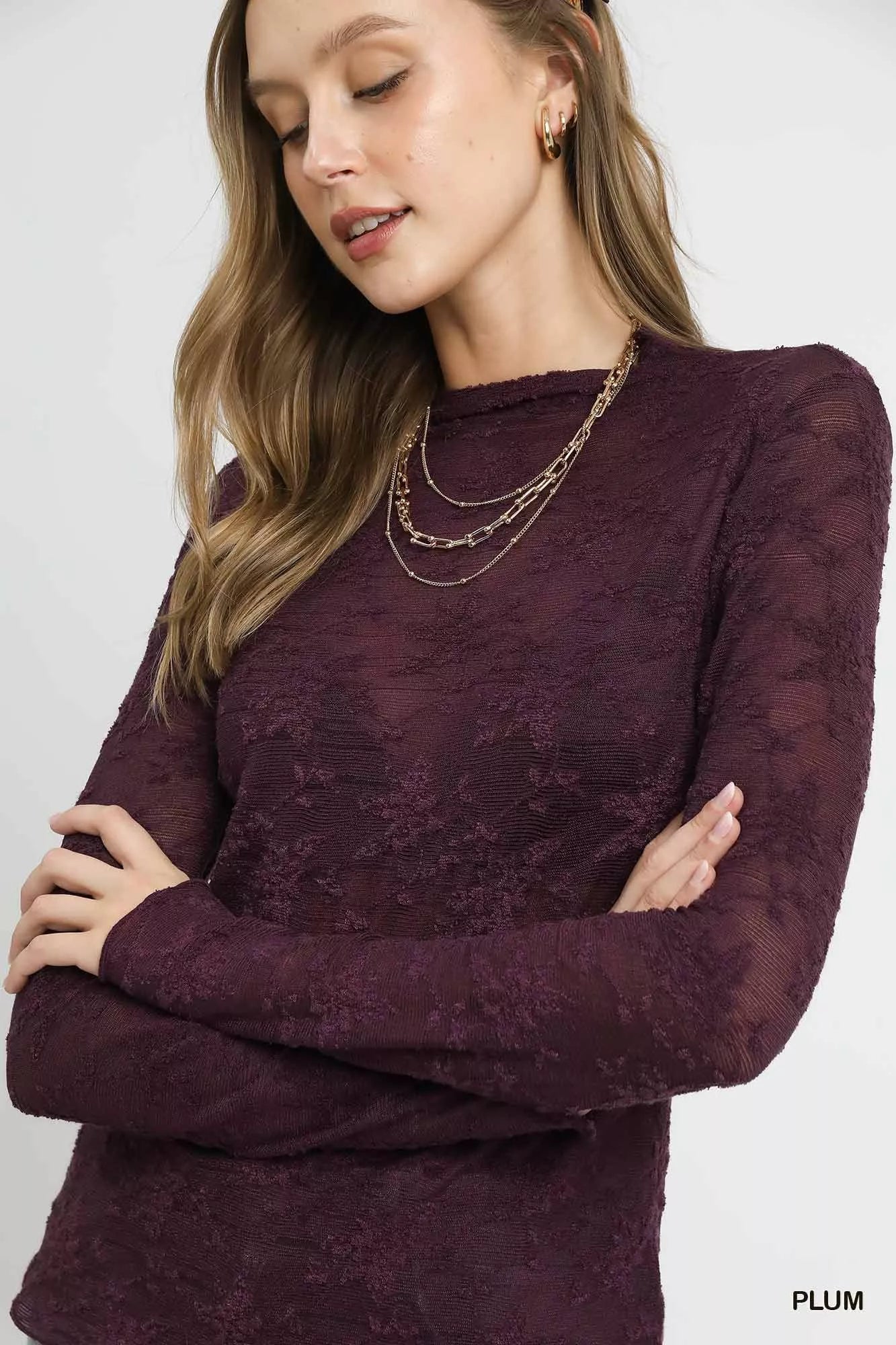 Umgee Lace Sheer Long Sleeve Top