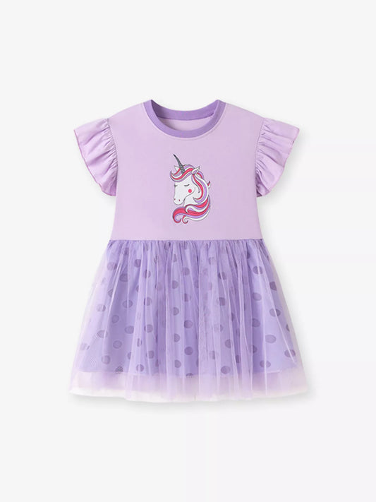 Children's Unicorn Ruffle Sleeve Tulle Dress