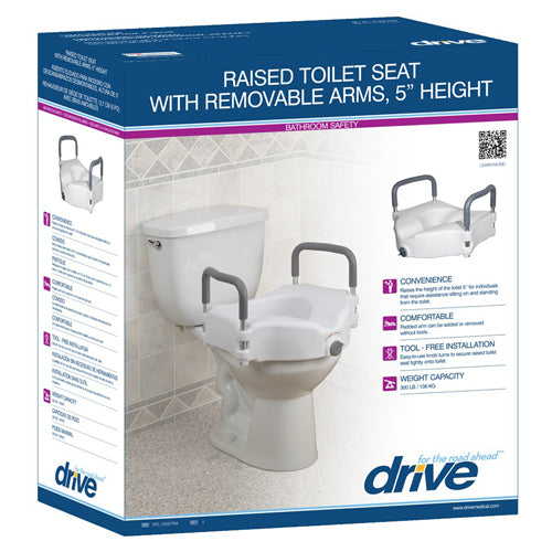 Raised Toilet Seat with Padded Removable Arms - 5 Inch Lift & Secure Locking