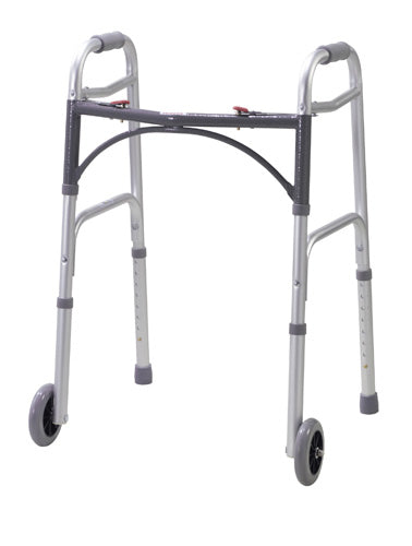 Walker Folding 2-Button Aluminum with 5-Inch Wheels, Easy Release, Adult, by Drive