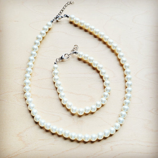 **Glass Pearl Necklace & Bracelet Set Wedding Collection 259w