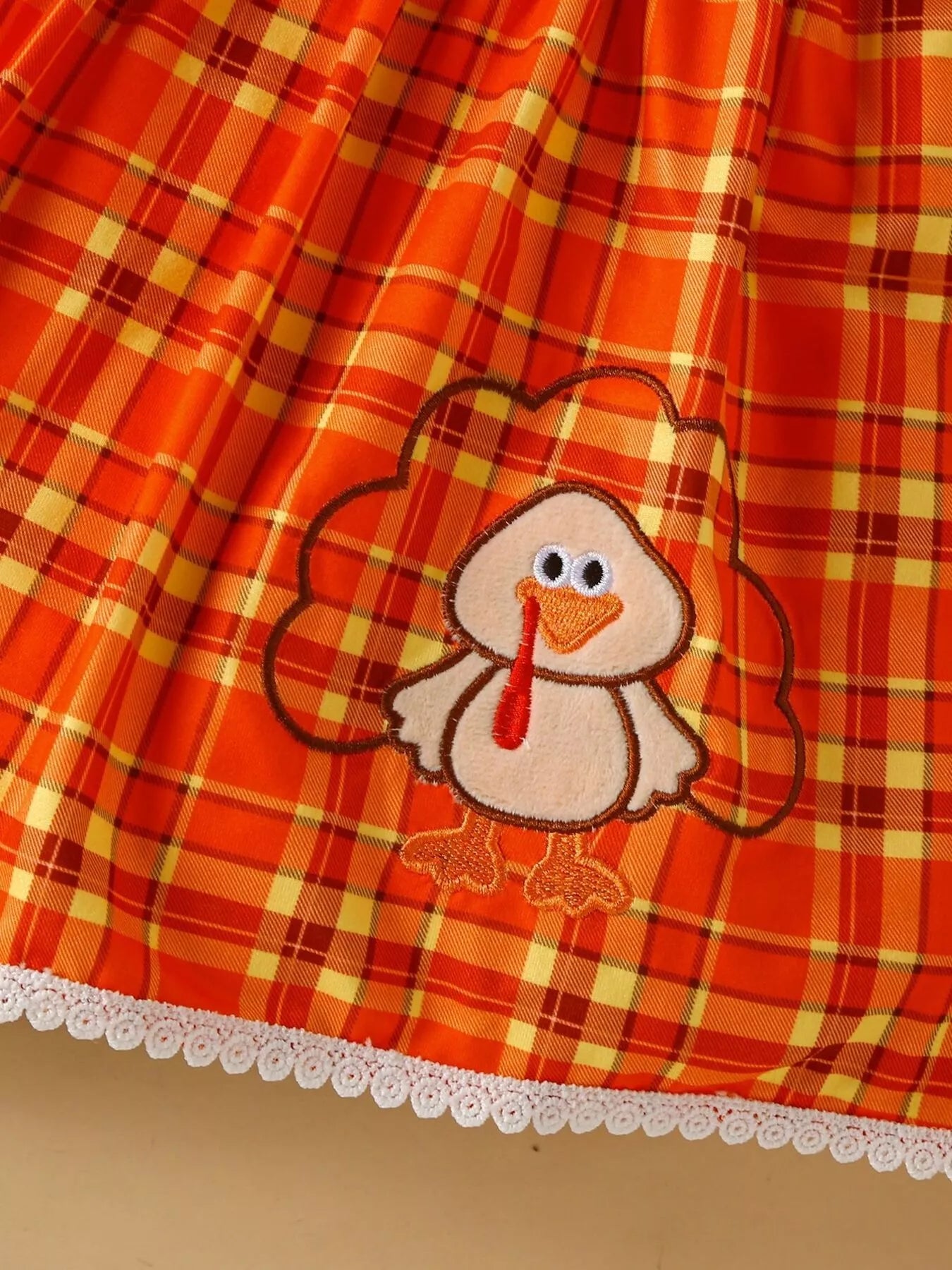 Children's Plaid Turkey Embroidered Bowknot Dress 3 Piece Set