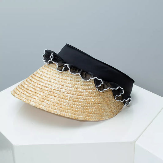 Lace Trim Straw Visor Sun Hat