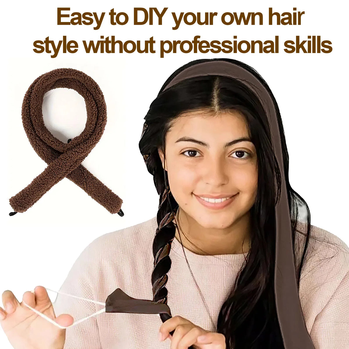 Satin Heatless Hair Curler, Lazy Natural Soft Wave DIY Heatless Curls For Sleep In Overnight, For All Hair Types - Brown
