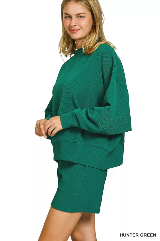 Zenana Ribbed Round Neck Pullover and Shorts Set