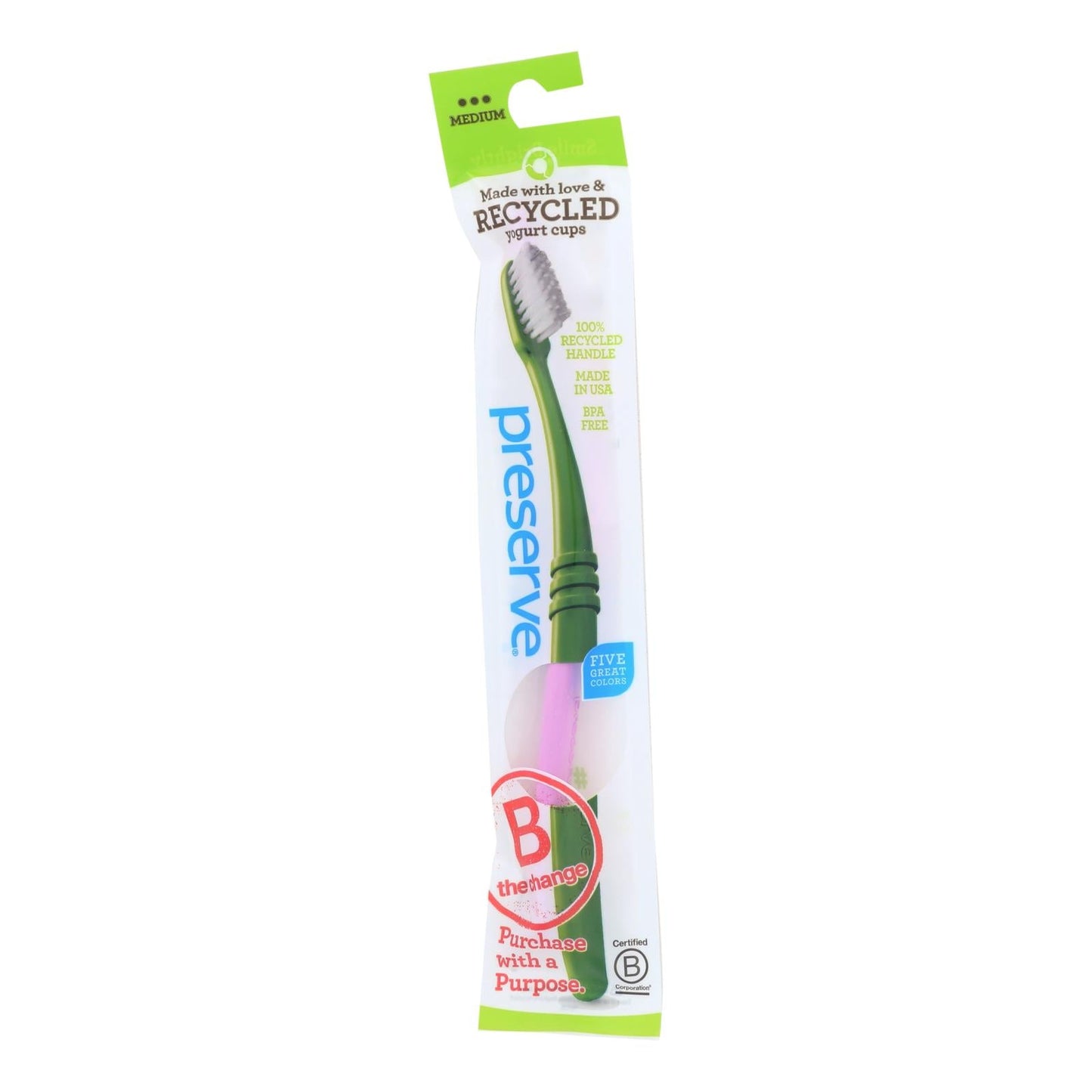 preserve Adult Toothbrush 6-Pack - Medium, Lightweight Pouch, Assorted Colors