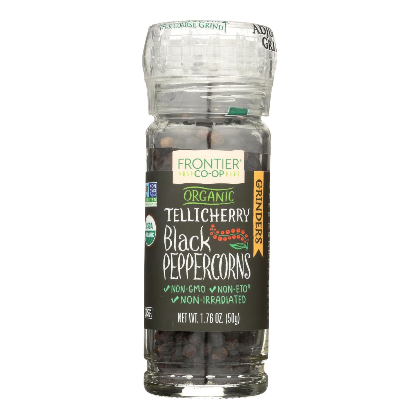 Frontier Organic Whole Black Tellicherry Grade Peppercorns Refillable Grinder Bottle (Pack of 6 - 1.76 oz)