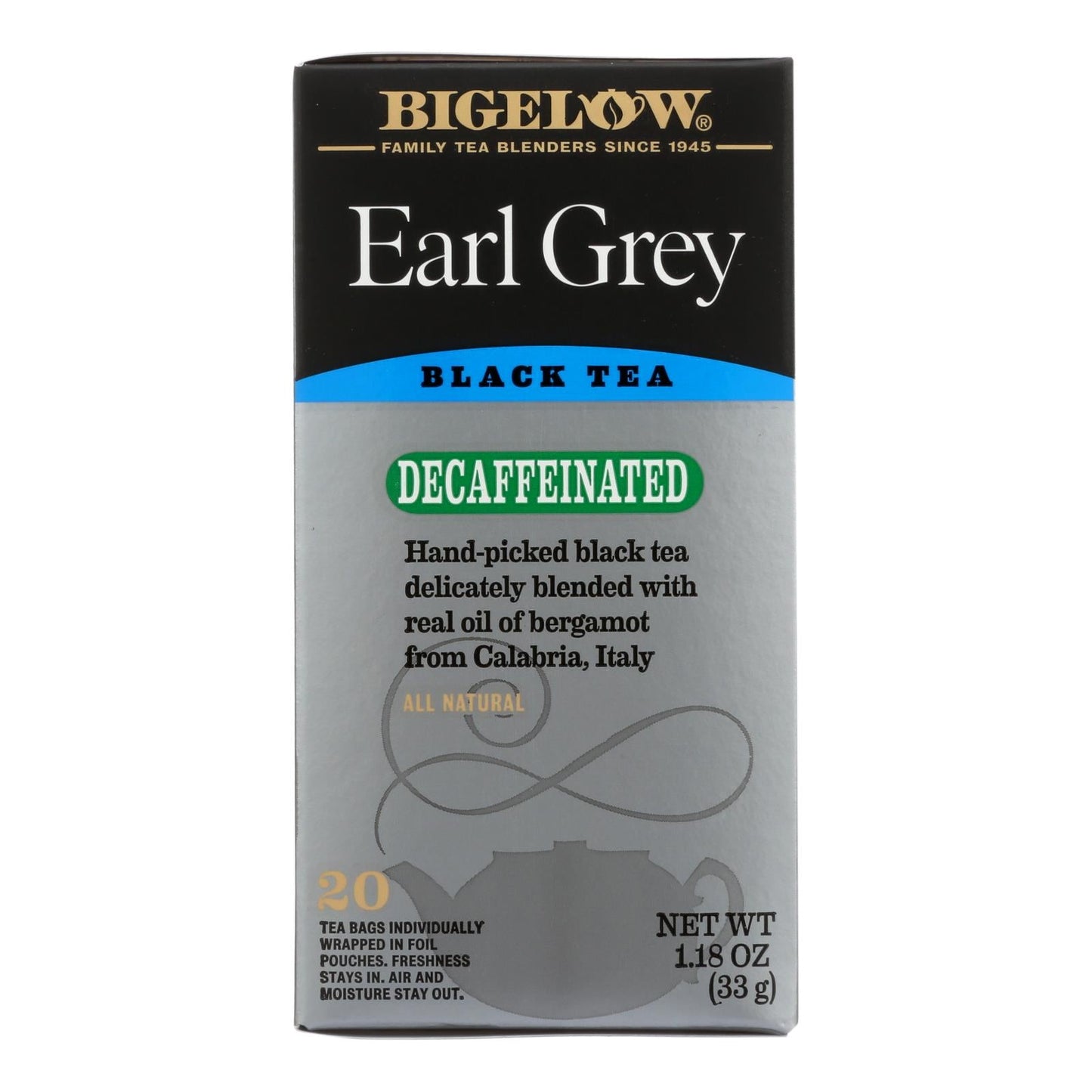 Bigelow Decaffeinated Earl Grey Black Tea, Individually Wrapped, Case of 6 (20 Tea Bags)