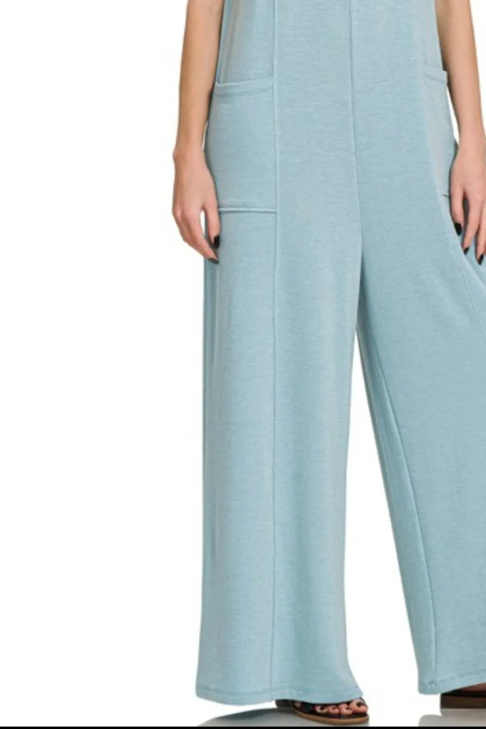 Zenana French Terry Deep V Neck Jumpsuits