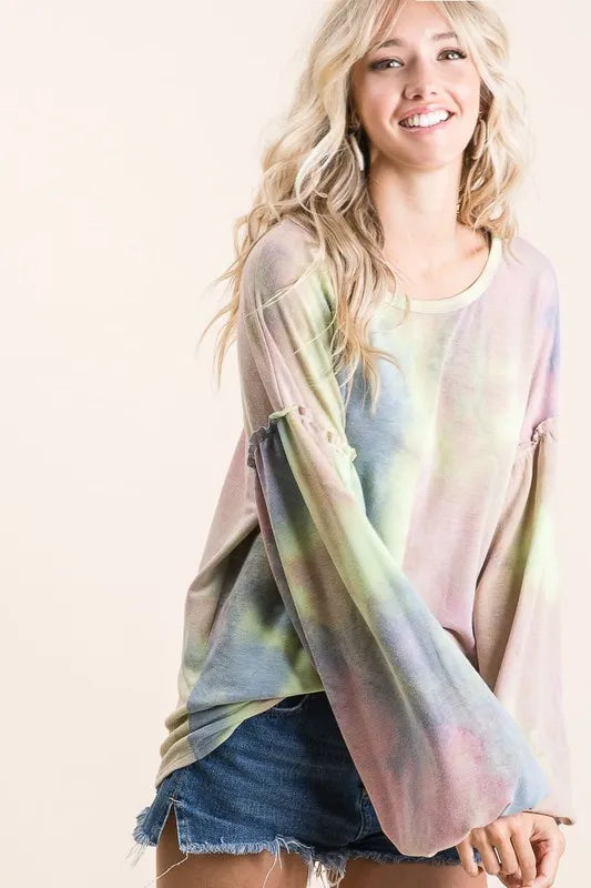 BiBi Tie Dye French Terry Sweatshirt With Bubble Sleeves