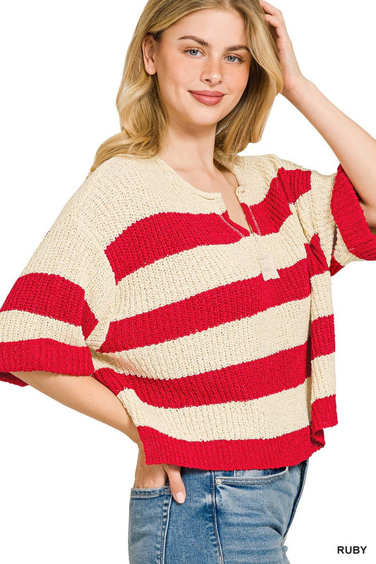 Zenana Split Neck Stripe Sweater