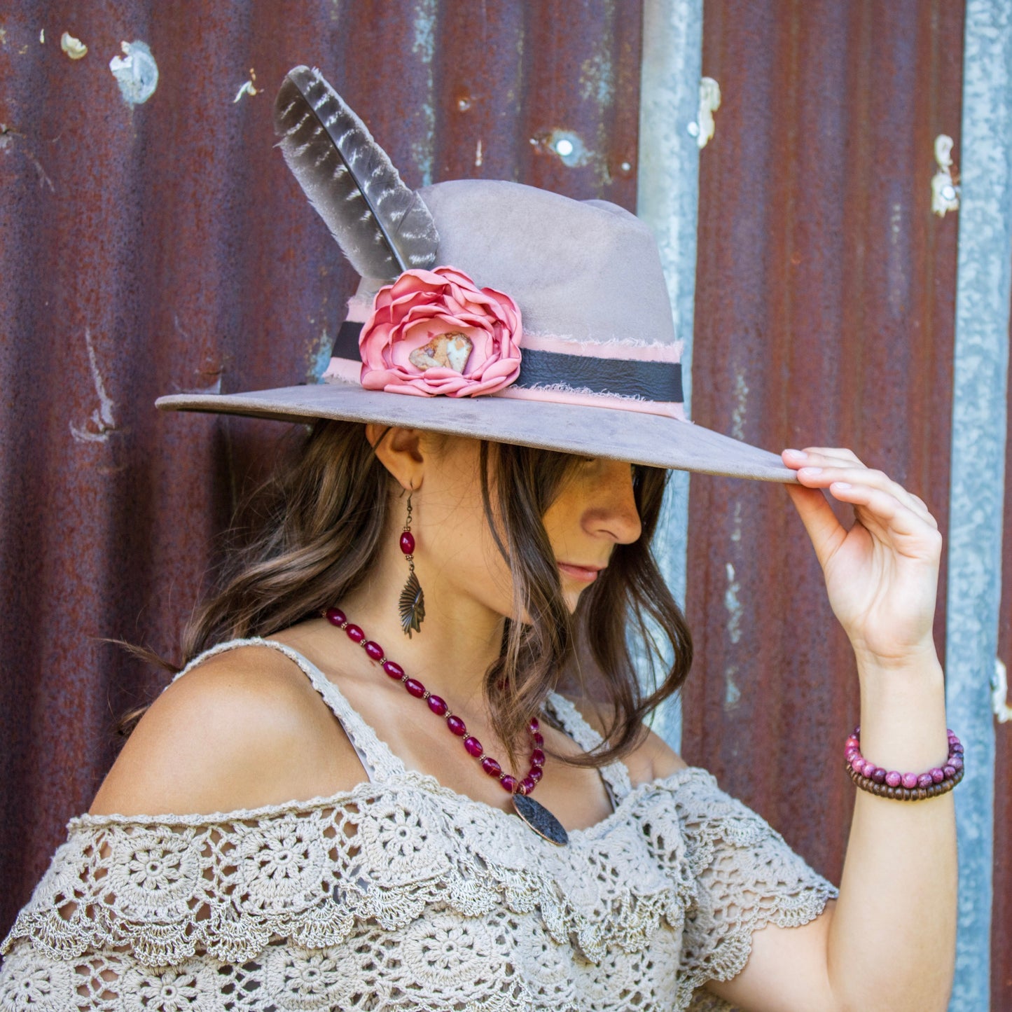 **Natural Pink Jade Earrings w/ Copper Indian Accent 225t