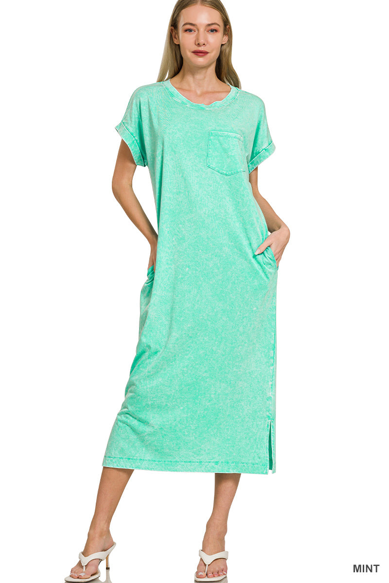 Zenana Washed Exposed Seam Short Sleeve T-Shirt Dress