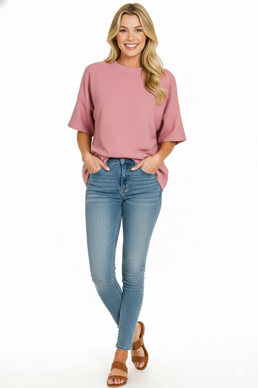 Zenana Ribbed Round Neck Waist Banded T-Shirt