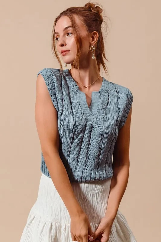 SO ME Notched Neck Cable Knit Sweater Vest