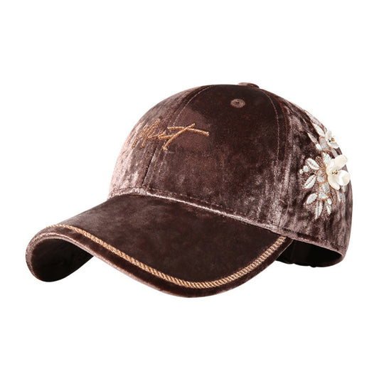Velvet Baseball Cap with Floral Embellishments