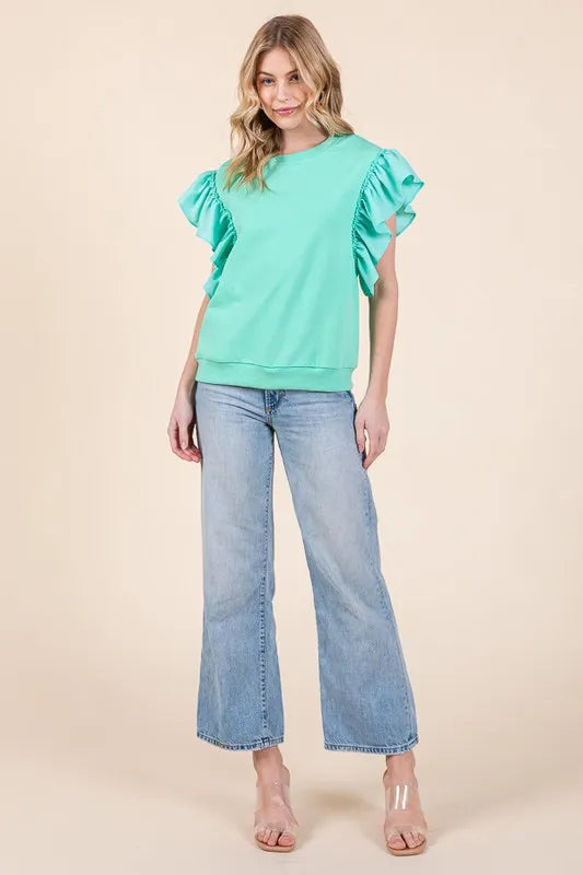 Lime 'N' Chili Solid Shoulder Ruffle Detail Round Neck Top