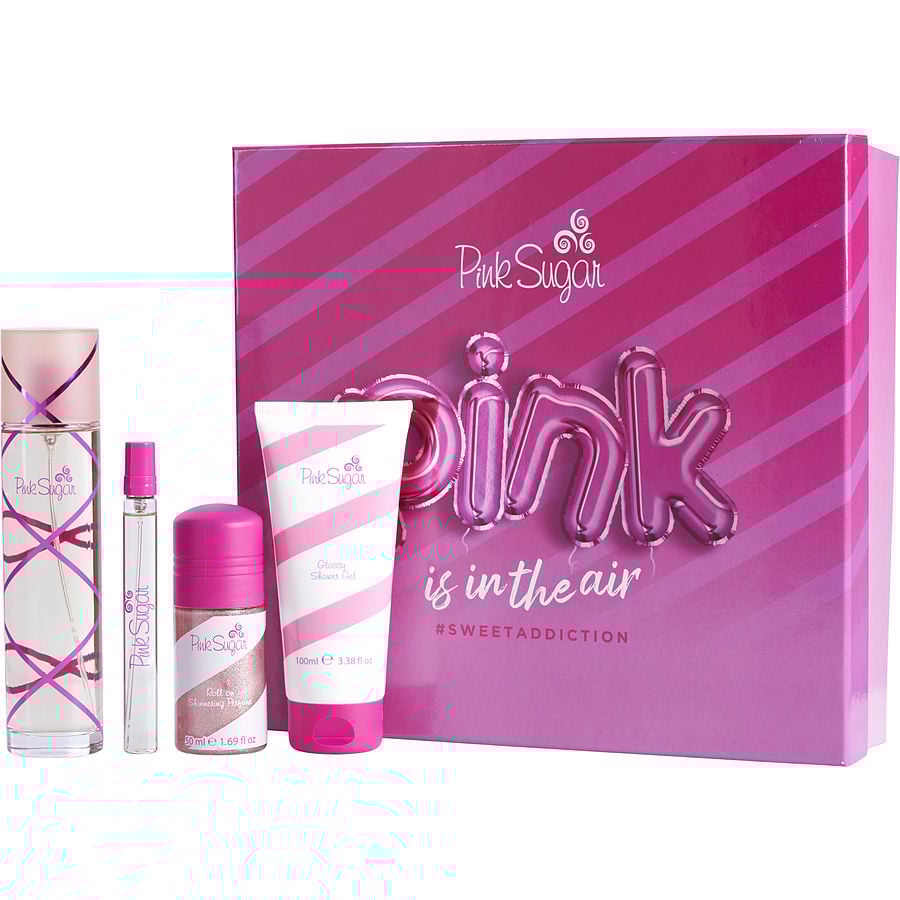 PINK SUGAR by Aquolina EDT SPRAY 3.4 OZ & SHIMMERING PERFUME ROLL-ON 1.7 OZ & SHOWER GEL 3.4 OZ & EDT SPRAY MINI 0.33 OZ