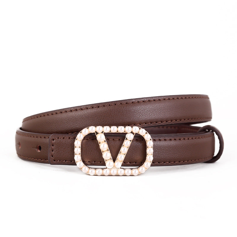 Pearl Buckle Leather Belt
